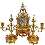Stunning antique French 3-piece Mantel clock & candelabra set â ca1890 French ormolo mantel clock Antique Clocks