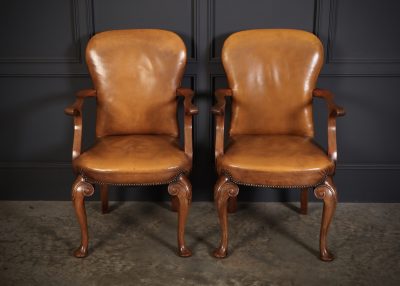 Pair of Queen Anne Style Walnut & Leather Armchairs - Image 2