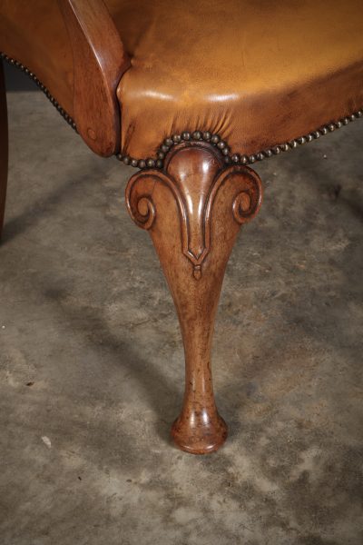 Pair of Queen Anne Style Walnut & Leather Armchairs - Image 4