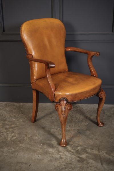 Pair of Queen Anne Style Walnut & Leather Armchairs - Image 5