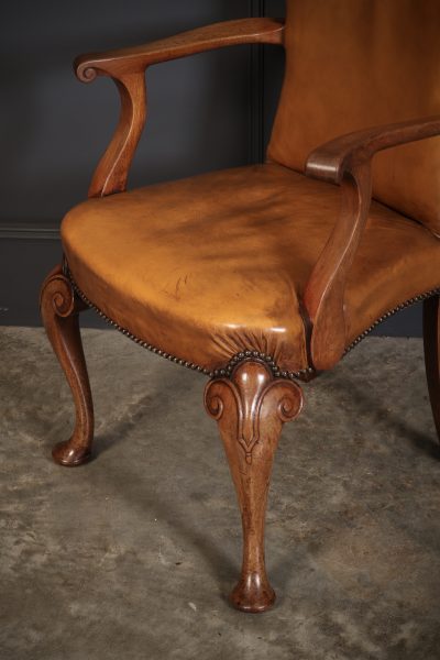 Pair of Queen Anne Style Walnut & Leather Armchairs - Image 8