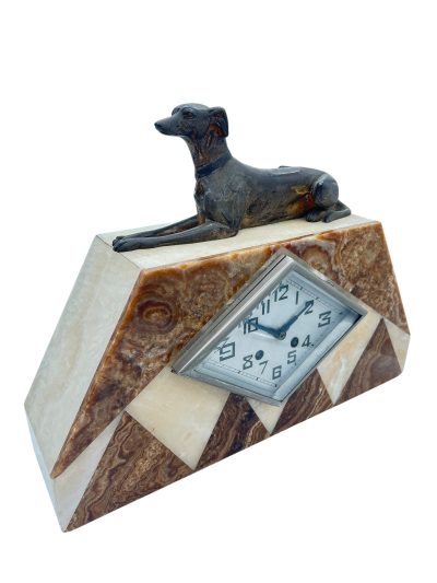 Beautiful French Art Deco Marble & Greyhound Dog Figural Mantel Clock – ca1920 - Image 4