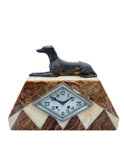 Beautiful French Art Deco Marble & Greyhound Dog Figural Mantel Clock – ca1920 - Image 2