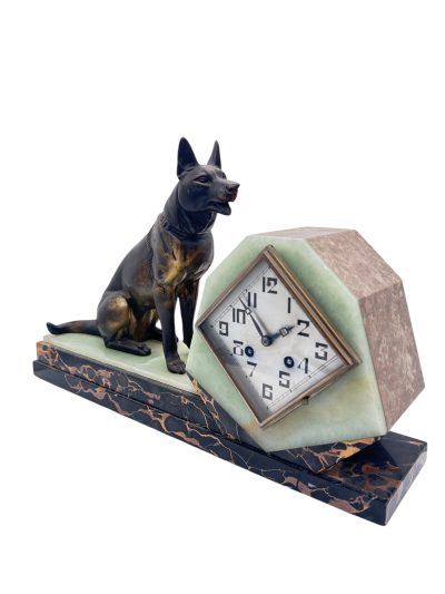 Stunning French Art Deco Marble & Alsatian Dog Figural Mantel Clock – ca1920 - Image 13
