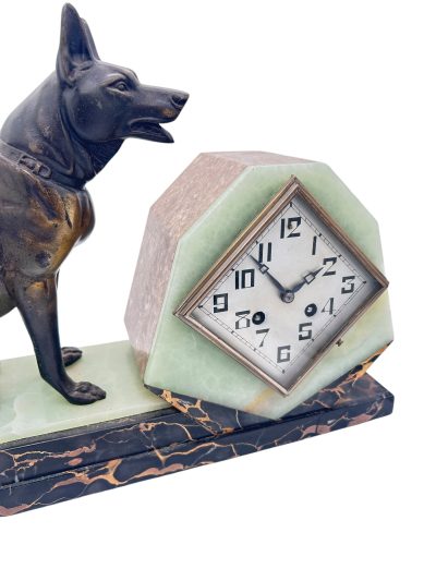 Stunning French Art Deco Marble & Alsatian Dog Figural Mantel Clock – ca1920 - Image 12