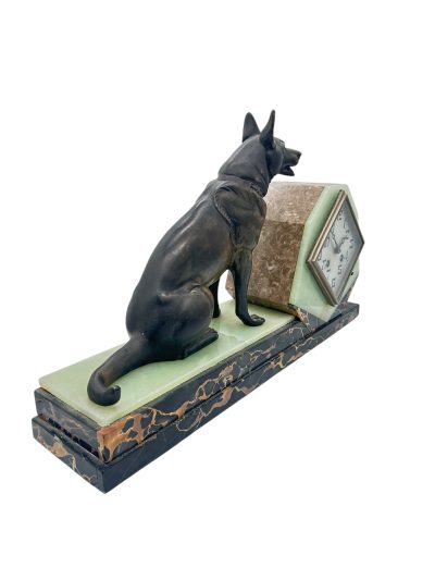 Stunning French Art Deco Marble & Alsatian Dog Figural Mantel Clock – ca1920 - Image 11