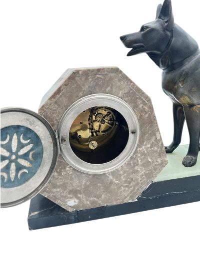 Stunning French Art Deco Marble & Alsatian Dog Figural Mantel Clock – ca1920 - Image 8