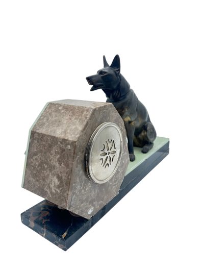 Stunning French Art Deco Marble & Alsatian Dog Figural Mantel Clock – ca1920 - Image 7
