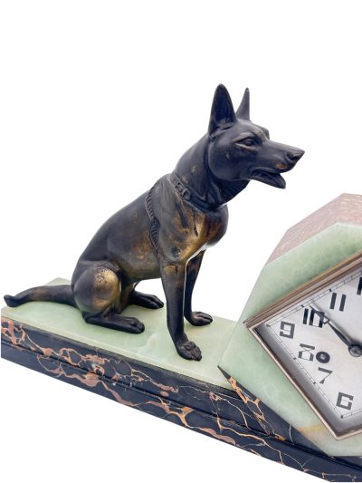 Stunning French Art Deco Marble & Alsatian Dog Figural Mantel Clock – ca1920 - Image 4