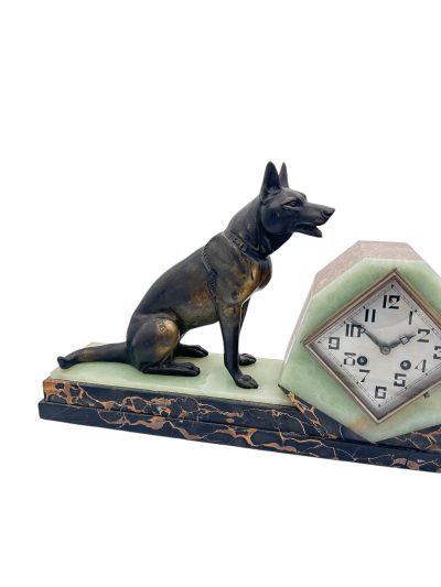 Stunning French Art Deco Marble & Alsatian Dog Figural Mantel Clock – ca1920 - Image 3