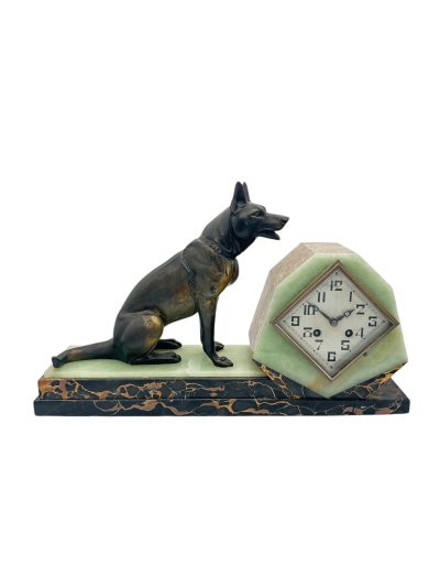 Stunning French Art Deco Marble & Alsatian Dog Figural Mantel Clock – ca1920 - Image 2