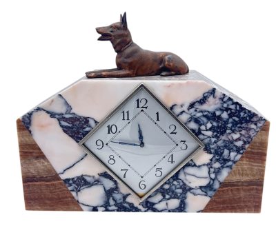Gorgeous French Art Deco Marble & Alsatian Dog Figural Mantel Clock – ca1940