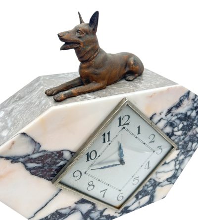 Gorgeous French Art Deco Marble & Alsatian Dog Figural Mantel Clock – ca1940 - Image 7