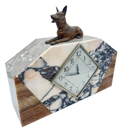 Gorgeous French Art Deco Marble & Alsatian Dog Figural Mantel Clock – ca1940 - Image 9