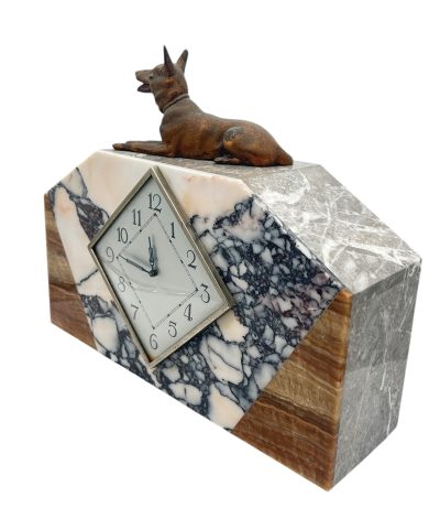 Gorgeous French Art Deco Marble & Alsatian Dog Figural Mantel Clock – ca1940 - Image 10