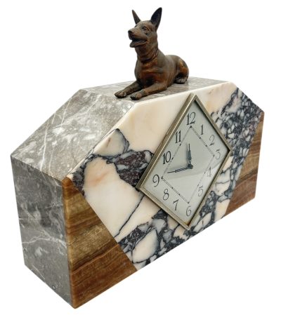 Gorgeous French Art Deco Marble & Alsatian Dog Figural Mantel Clock – ca1940 - Image 5