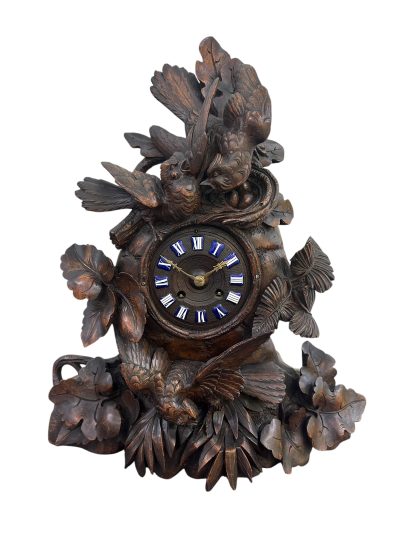 Exquisite carved Bird Black Forest Mantel Clock – ca1900
