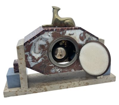 Exquisite French Art Deco Red & Grey Marble Dog Figural Mantel Clock – ca1920 - Image 3