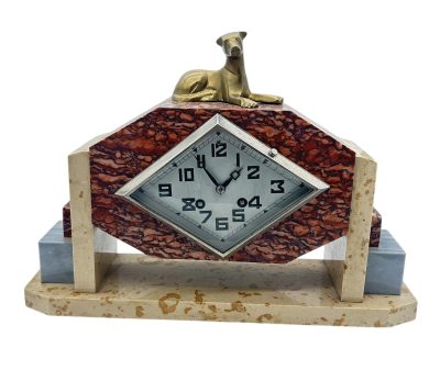 Exquisite French Art Deco Red & Grey Marble Dog Figural Mantel Clock – ca1920 - Image 6