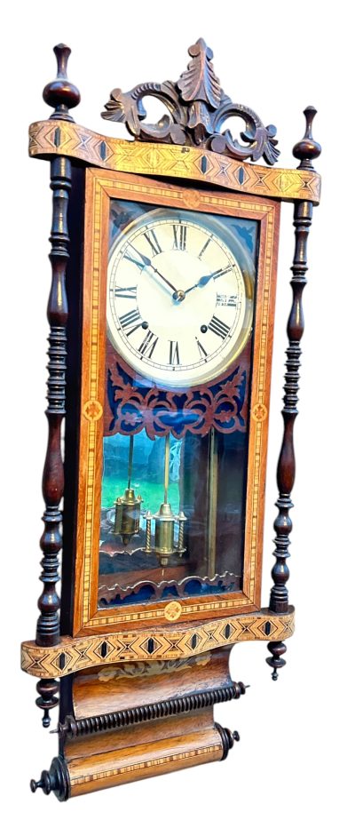 Fantastic Antique Marquetry Case Drop Dial Wall clock – ca1900 - Image 6