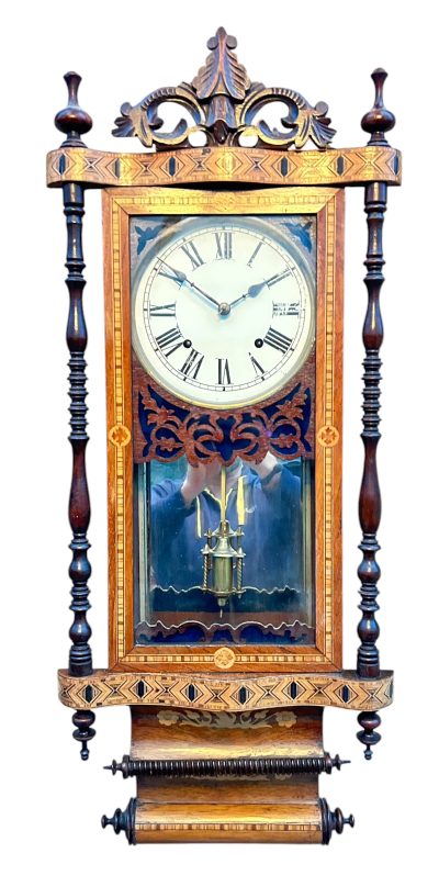 Fantastic Antique Marquetry Case Drop Dial Wall clock – ca1900 - Image 4