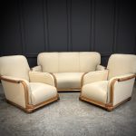 Art Deco Walnut & Leather 3-Piece Suite Antique leather armchair Antique Chairs