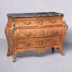 Late 1900s Vintage Marble Top French Walnut and Satin Birch Commode Antique Chest Of Drawers