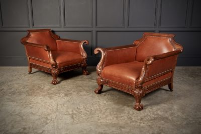 Pair of Carved Mahogany & Leather Library Armchairs