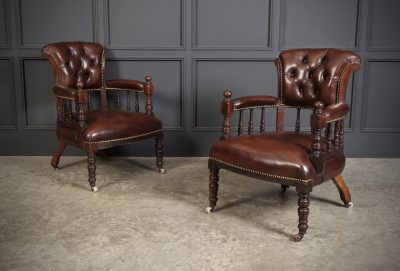 Pair Of Victorian Mahogany & Buttoned Leather Captains Desk Chairs