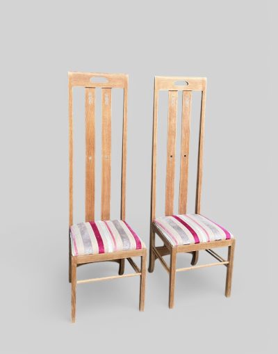 Pair of 1970s Mackintosh Style Oak Chairs – Light Oak & Striped Upholstery