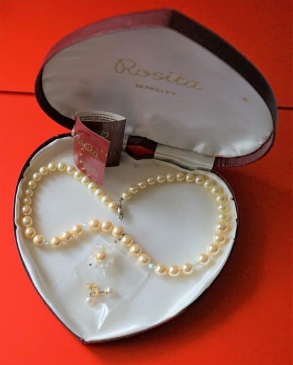 Rosita Single Strand Simulated Graduated Pearl & Crystal Necklace & Earrings Boxed