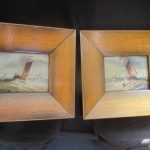 PAIR SHIP PAINTINGS ON COPPER 8 CM BY 6 CM FRAME 14 CM antique art, antique painting, Antique Art