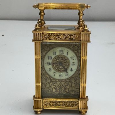 FRENCH CARRIAGE CLOCK ORMOLU GUILT FILIGREE PANELS