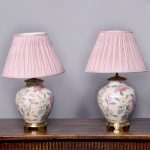 Pair of Chinese Style Bulbous Decorated Pottery Lamps on Brass Mounts with Lampshades Antique Lighting