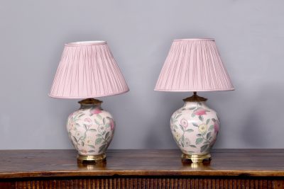 Pair of Chinese Style Bulbous Decorated Pottery Lamps on Brass Mounts with Lampshades