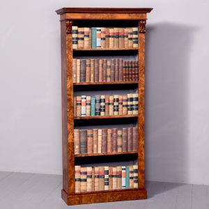 Mid-Victorian Burr Walnut Tall Open Bookcase of Desirable Proportions open bookcase Antique Bookcases