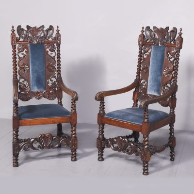 Impressive Pair of Large Carved Oak Throne or Hall Chairs