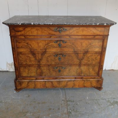 Antique French Burr Walnut & Marble Top Chest Of Drawers