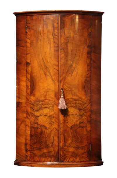 19thc Bow Fronted Walnut Corner Cupboard