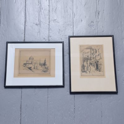 Pair of signed and framed Judaica etchings of Jerusalem scenes