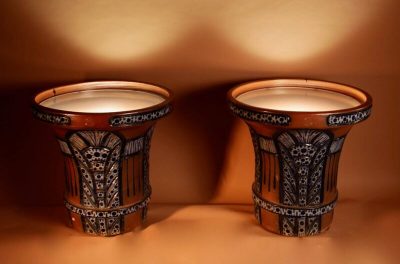 A Pair Of Very Rare And Impressive Decorative Art Deco Large Pottery “gres” Jardinières, Eliminated Side Tables