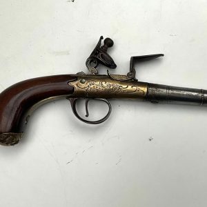 An 18th Century Flintlock Queen Anne-type Greatcoat Pistol by I Parr, London.
