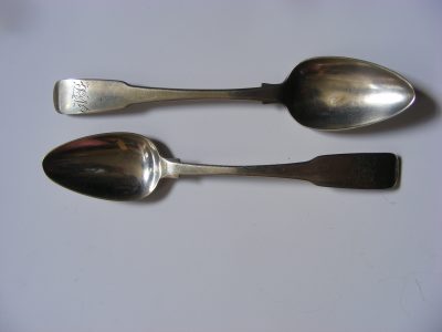Rare pair Charles William Quesnel Jersey Channel Islands Provincial Sterling Silver teaspoons c1790