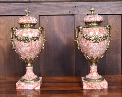 Pair of French Pink Marble Cassolettes / Urns SAI3788