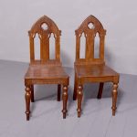 Stylish pair of Victorian pitch pine oak Gothic hall chairs Antique Chairs