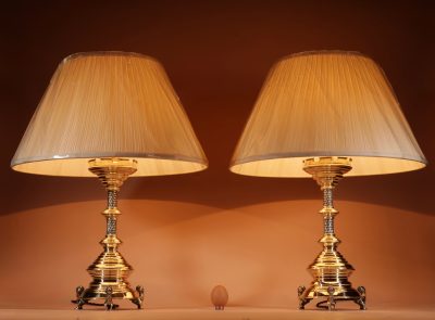 Interesting And Impressive Pair Of Signed Brass Table Lamps, In the Neo Gothic Style. Dutch Circa 1878-1887