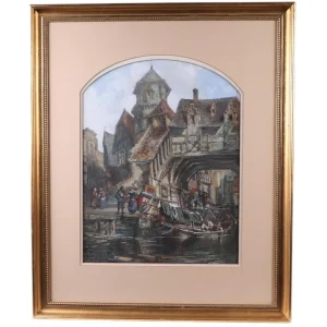 Henry Valter (fl 1854-1897) Dutch Harbour Scene Antique Watercolour