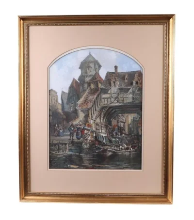 Henry Valter (fl 1854-1897) Dutch Harbour Scene Antique Watercolour