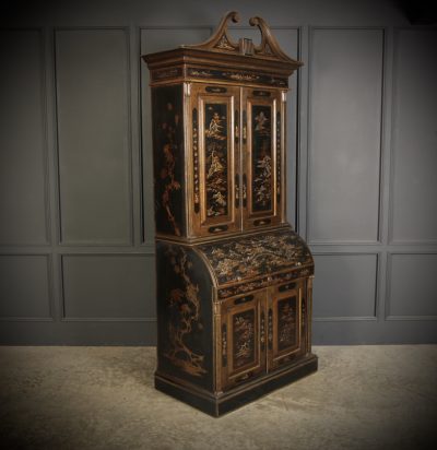 Early 19th Century Black Lacquered Chinoiserie Bureau Bookcase