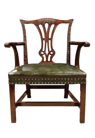 Late 18th Century Mahogany Carver Chair with Hand-Dyed Green Leather Seat – Circa 1780